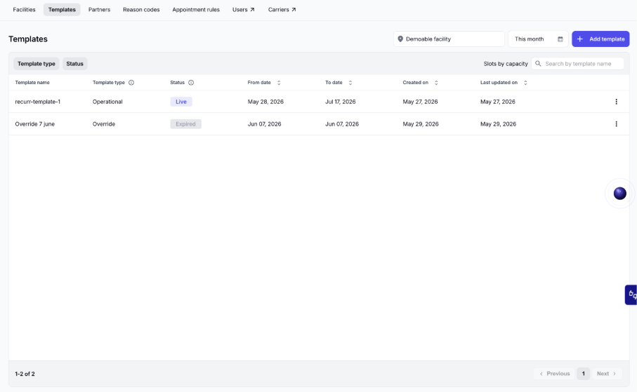 The Templates tab showing operational and override templates with their status and date ranges.
Screenshot of the Templates list showing a facility selector, a month filter, and rows for templates with template name, template type (Operational or Override), status (Live or Expired), from and to dates, and created and updated dates, plus an Add template button.
