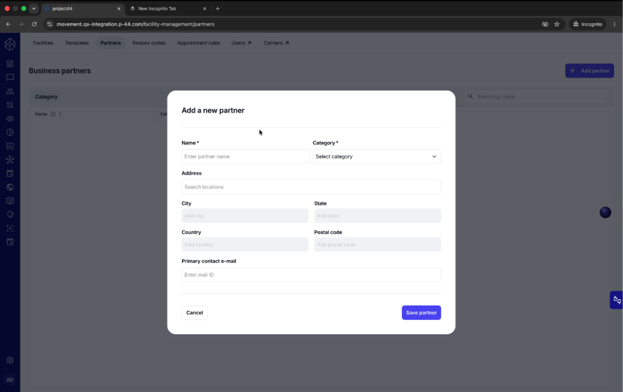 The Add a new partner form: name, category, address, and primary contact email.
Screenshot of the Add a new partner dialog with fields for name, category selector with Customer and Vendor options, address, city, state, country, postal code, and primary contact email, plus Cancel and Save partner buttons.