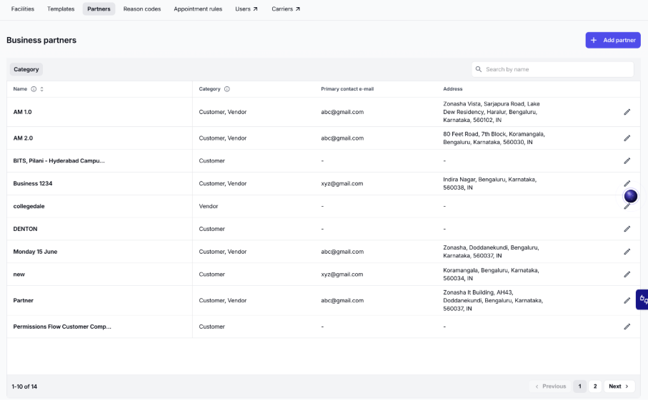 The Business partners list showing partner name, category, contact email, and address.
Screenshot of the Business partners list with columns for name, category (Customer, Vendor, or both), primary contact email, and address, plus a Category filter, a search box, an Add partner button, and per-row edit controls.