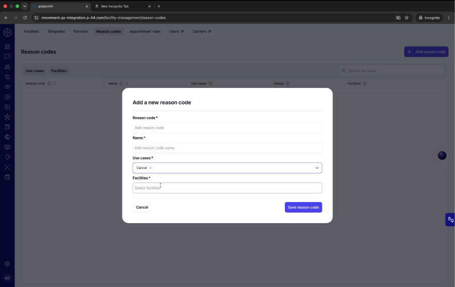 The Add a new reason code form: code, name, use cases, and facility scope.
Screenshot of the Add a new reason code dialog with fields for reason code, name, a use cases selector with Cancel, Reject, and Reschedule, and a facilities selector with an All option and a facility list, plus Cancel and Save reason code buttons.